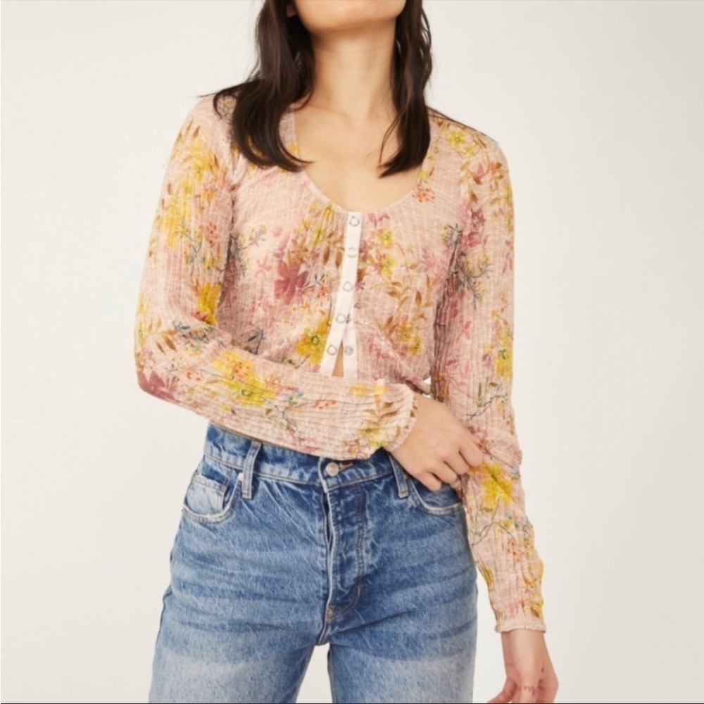 NWT Free People Angelina Floral Lace Snap Front Long Sleeve Top
